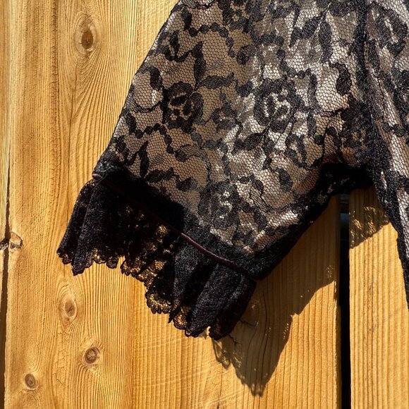 Vintage Peignoir Robe 60s Marilyn Black Floral Lace Peignoir Lingerie Robe | M/L - Picture 8 of 17